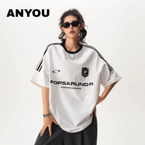 ANYOU 미국식 빈티지 테이프 반팔 티 여름 루즈핏 아카데미 스타일 트레이닝 커플 상의