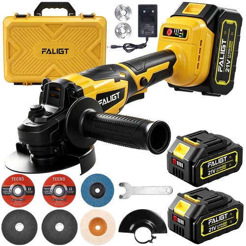 FALIGT 독일 21V BLDC 무선 충전식 125mm 전동 브러시리스 그라인더 3단 조절 가능 전력량 표시 연마기/광택기 4000mAh 배터리 2개 세트