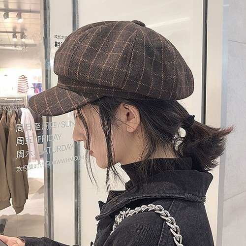 소울린느 남녀공용 모직 울 체크 팔각모 빵모자 (4컬러)
